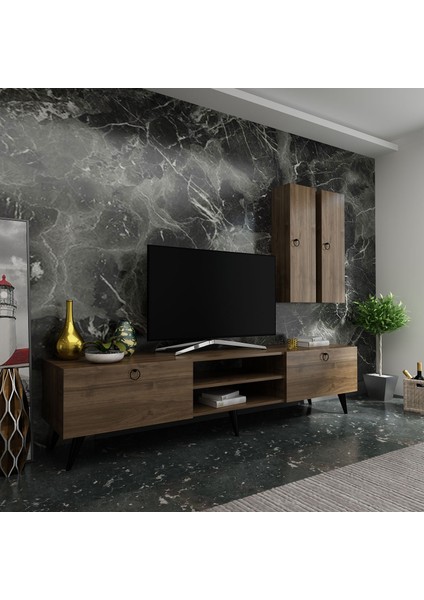 Ideal Tv Ünitesi + Duvar Raf ve Duvar Dolaplı Q7018-2 Ceviz