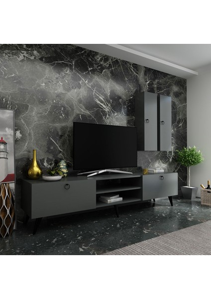 Ideal Tv Ünitesi + Duvar Raf ve Duvar Dolaplı Q7018-4 Antrasit