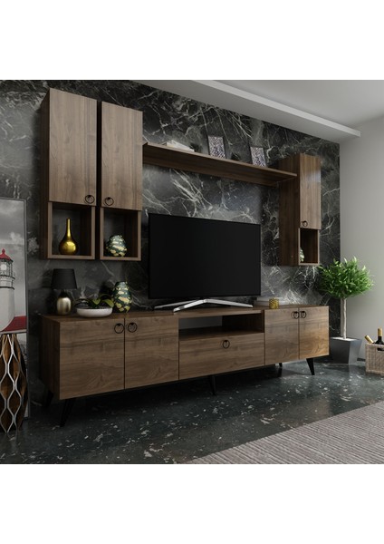 Ideal Tv Ünitesi + Duvar Raf ve Duvar Dolaplı Q7024-2 Ceviz
