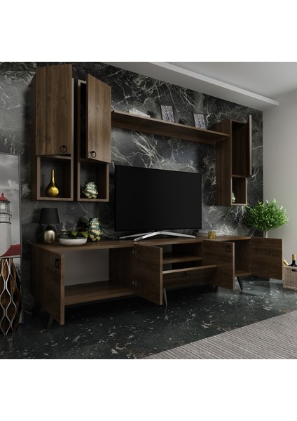 Ideal Tv Ünitesi + Duvar Raf ve Duvar Dolaplı Q7024-2 Ceviz