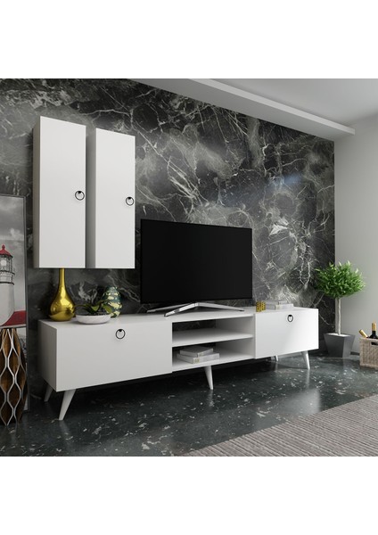 Ideal Tv Ünitesi + Duvar Raf ve Duvar Dolaplı Q7022-1 Beyaz