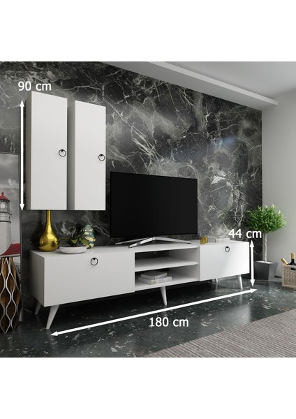 Ideal Tv Ünitesi + Duvar Raf ve Duvar Dolaplı Q7022-1 Beyaz