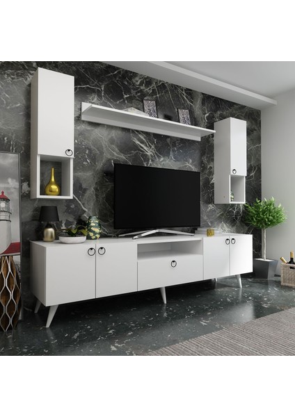 Ideal Tv Ünitesi + Duvar Raf ve Duvar Dolaplı Q7025-1 Beyaz