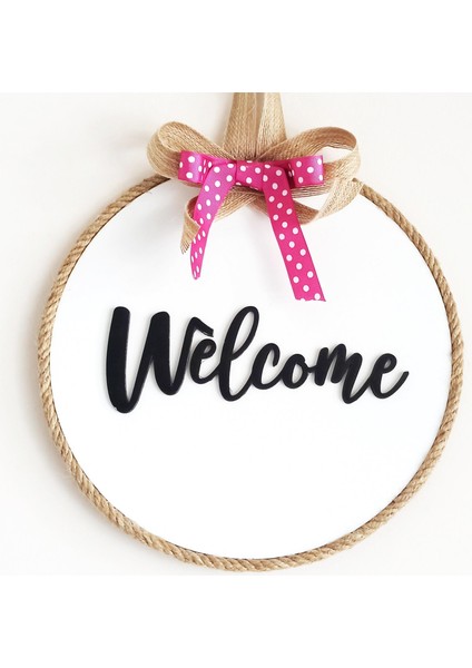 Welcome Yazılı Kurdeleli Ahşap Beyaz Kapı Süsü