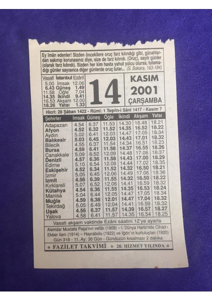 14 Kasım 2001 Takvim Yaprağı - Nostalji Koleksiyonluk Takvim Yaprağı