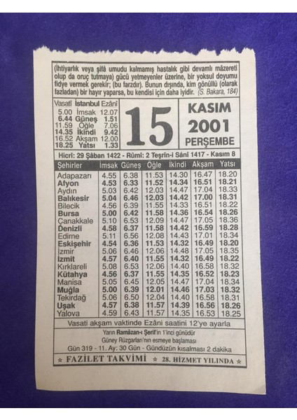 15 Kasım 2001 Takvim Yaprağı - Nostalji Koleksiyonluk Takvim Yaprağı