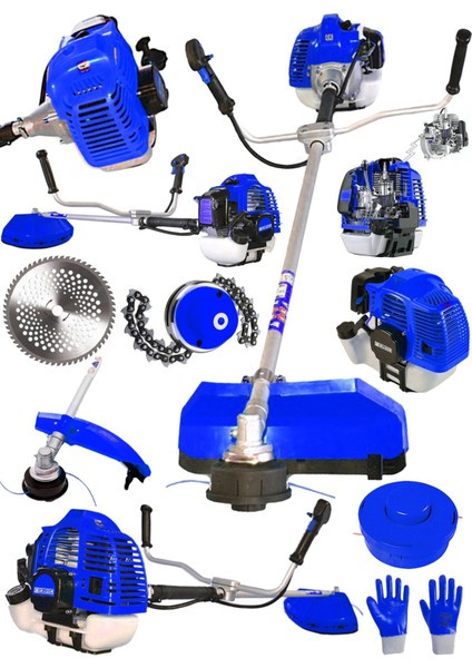 M6002 Yan Tipi Benzinli Motorlu Ot Çalı Tırpanı Çim Biçme Makinesi Tırpan + Canavar Başlık GRZ-MM6002-YANTIRPAN-CANAVARBASLIK-MAVI