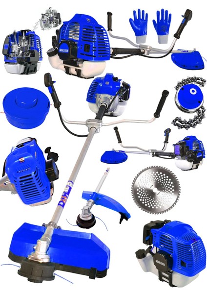 M6002 Yan Tipi Benzinli Motorlu Ot Çalı Tırpanı Çim Biçme Makinesi Tırpan + Canavar Başlık GRZ-MM6002-YANTIRPAN-CANAVARBASLIK-MAVI