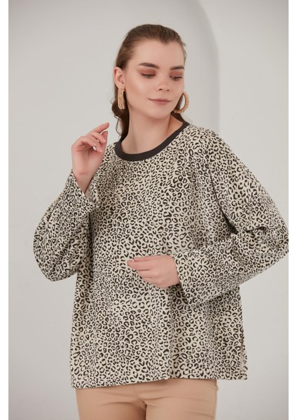 Alexandergardı Basik Leopar Desenli Polar Sweatshirt (B22-383A)