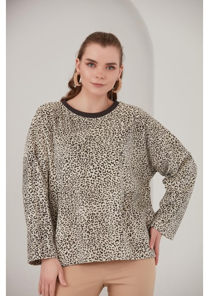 Alexandergardı Basik Leopar Desenli Polar Sweatshirt (B22-383A)