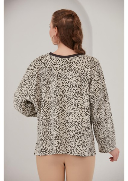 Alexandergardı Basik Leopar Desenli Polar Sweatshirt (B22-383A)