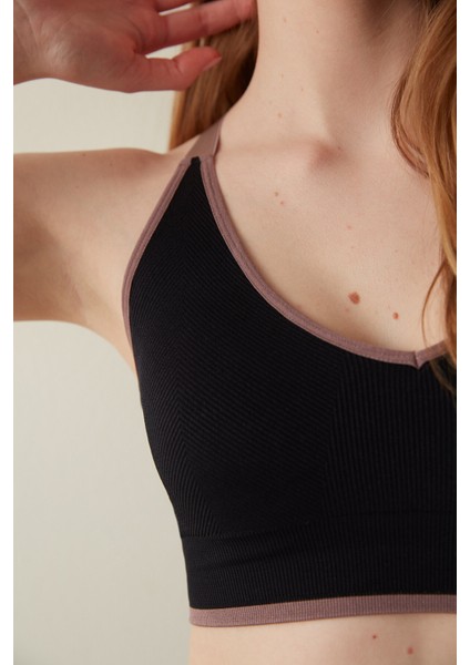 Siyah Contrast Seamless Sporcu Sütyeni
