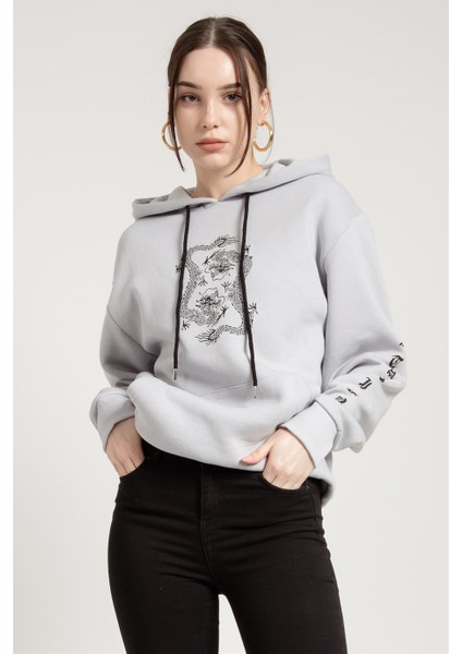 Jahr Marc Dragon Baskılı Gri Oversize Kadın Sweatshirt