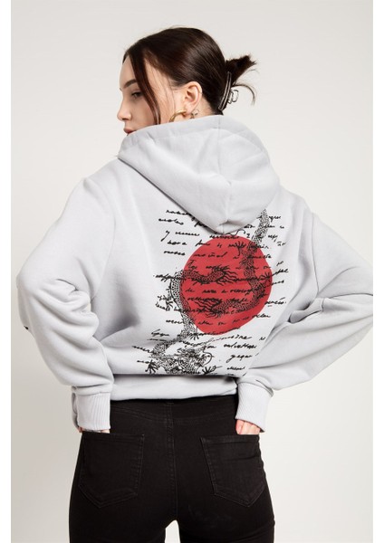 Jahr Marc Dragon Baskılı Gri Oversize Kadın Sweatshirt