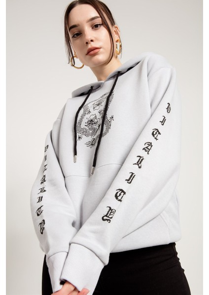 Dragon Baskılı Gri Oversize Kadın Sweatshirt
