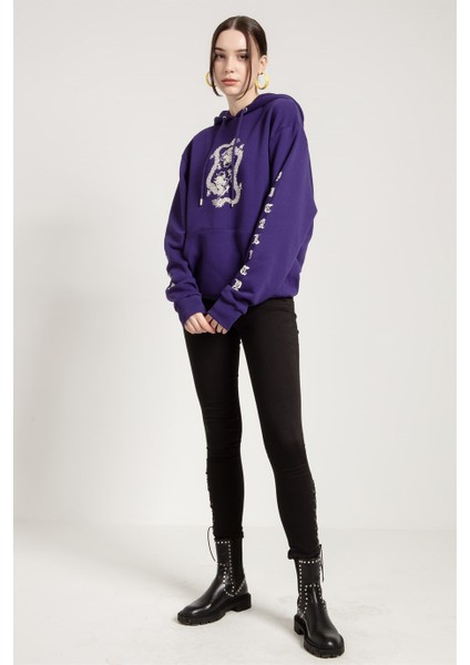Dragon Baskılı Mor Oversize Kadın Sweatshirt fırsatları