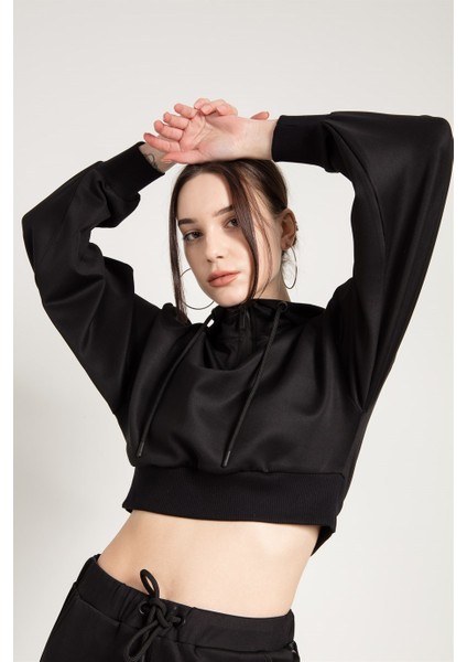 Crop Fit Siyah Kapüşonlu Sweatshirt