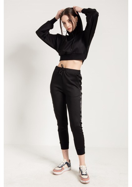 Crop Fit Siyah Kapüşonlu Sweatshirt