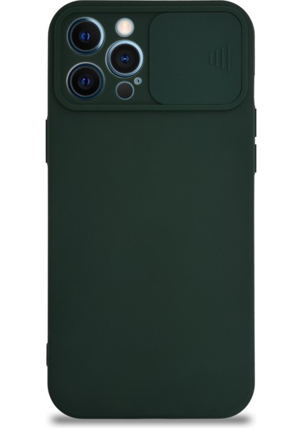 Caseworld Apple iPhone 12 Pro Max Kapak Kamera Korumalı Sürgülü Renkli Silikon Kılıf - Koyu Yeşil