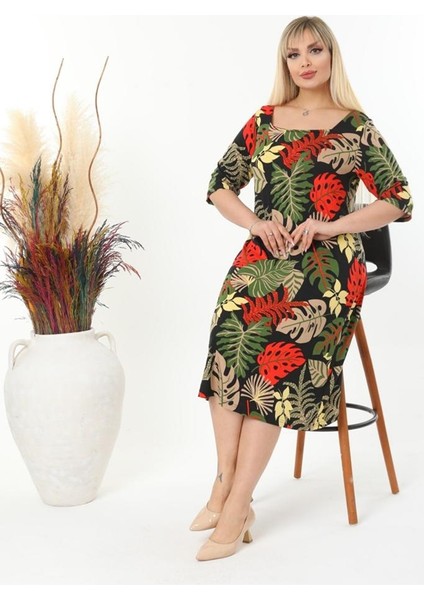 Kadın Büyük Beden Kare Yaka Truvakar Kol Esnek Viskon Elbise