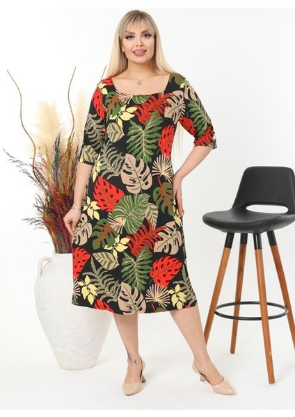 Kadın Büyük Beden Kare Yaka Truvakar Kol Esnek Viskon Elbise modelleri