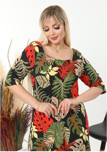 Kadın Büyük Beden Kare Yaka Truvakar Kol Esnek Viskon Elbise fırsatları