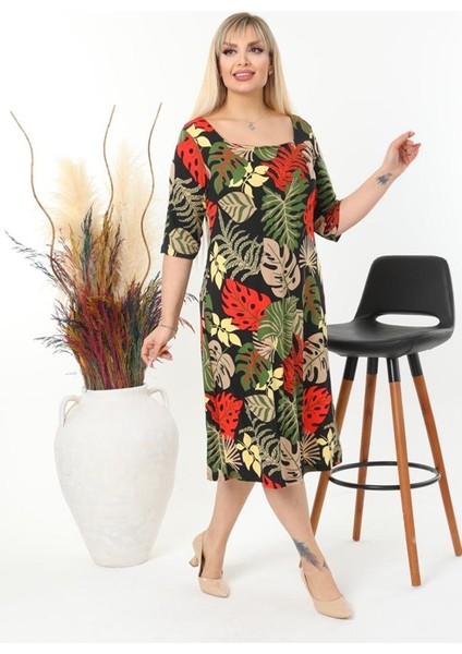 Kadın Büyük Beden Kare Yaka Truvakar Kol Esnek Viskon Elbise indirimleri