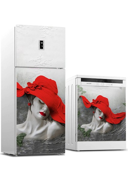 Buzdolabı ve Bulaşık Makinası Sticker Beyaz Eşya Kaplama Beyaz Eşya Sticker Kaplama Kirmizi Sapkalı Kız