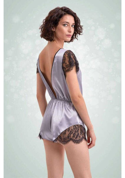 Kadın Gri Dantel Detaylı Saten Gecelik Şort Tulum 3358