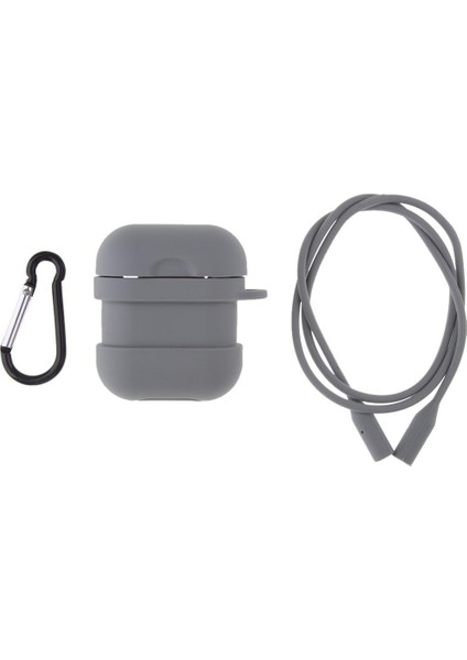 Airpods Tam Koruma Silikon Kapak Şarj Kılıfı Taşıma Çantası ve Anti-Kayıp Kayış - Gri (Yurt Dışından)
