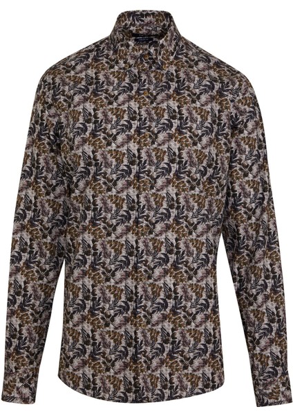 Kahverengi Modern Fit Pamuklu Desenli Gömlek