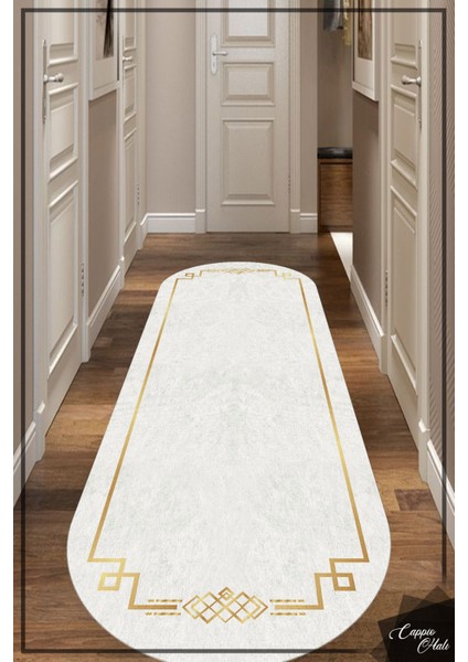 Woolly Gold Çerçevesi Motifli Beyaz Oval Halı (Kaymaz Dod Taban Makinada Yıkanabilir 80X80) - ES1058