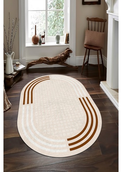 Woolly Cappio Vizon Şerit Detaylı Krem Oval Halı (Kaymaz Dod Taban Makinada Yıkanabilir) - ES1088