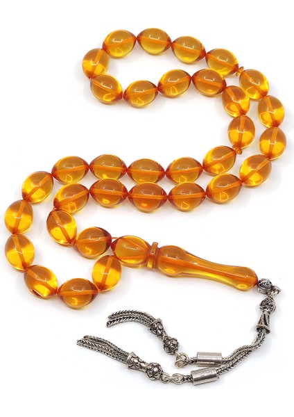 Gümüş Püsküllü Beyzi Kesim Ateş Kehribar Tesbih