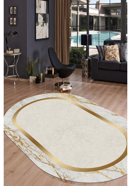 Woolly Gold Detay Şeritli Dijital Baskılı Oval Halı (Makinada Yıkanabilir Kaymaz Dod Taban) - ES1092