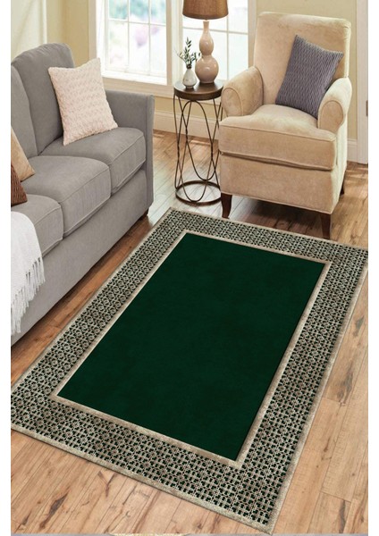 Woolly Etnik Desenli Krem-Yeşil Halı (Makinada Yıkanabilir Kaymaz Dot Taban) - ES1142