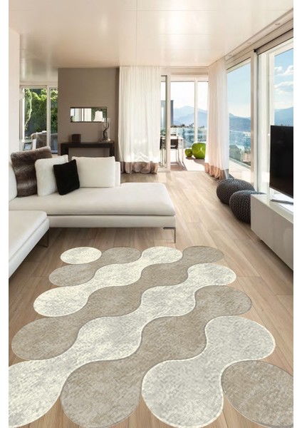 Woolly Bulut Desenli Açık Gri-Vizon Lazer Kesim Halı (Makinada Yıkanabilir Kaymaz Dot Taban) - ES346