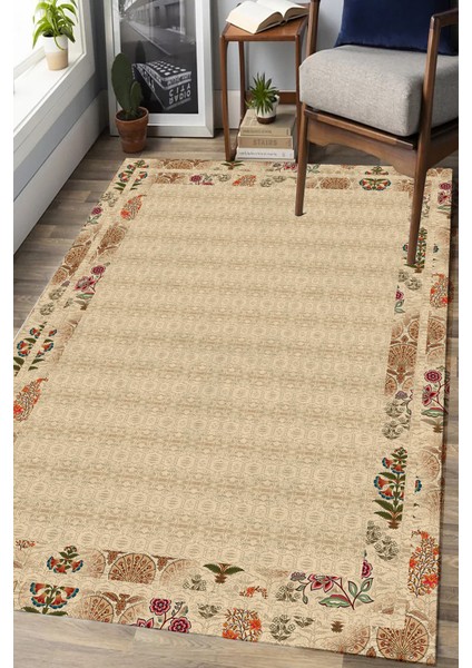 Woolly Çiçek Çerçeveli Antakya Stilli Halı (Makinada Yıkanabilir Kaymaz Dod Taban) - ES633