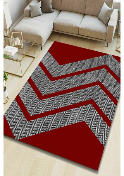 Woolly Çizgisel Kırmızı Zikzak Halı (Makinada Yıkanabilir Kaymaz Dot Taban) - ES1252