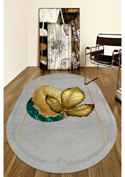 Woolly Gold Yaprak Desenli Gri Oval Halı (Makinada Yıkanabilir Kaymaz Dod Taban ) - ES583