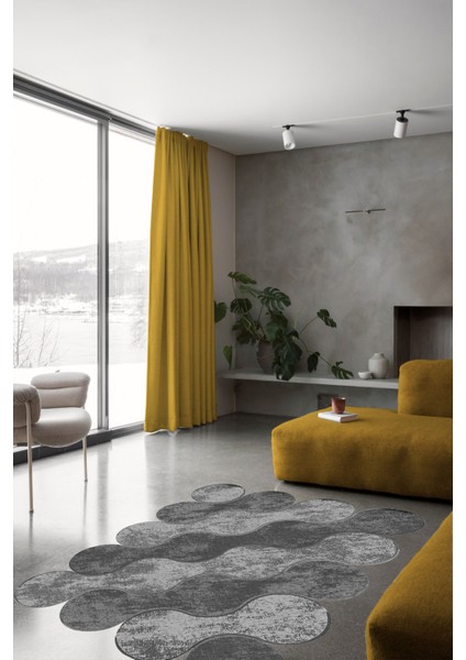 Woolly Bulut Desenli Gri Lazer Kesim Halı (Makinada Yıkanabilir Kaymaz Dot Taban) - ES348