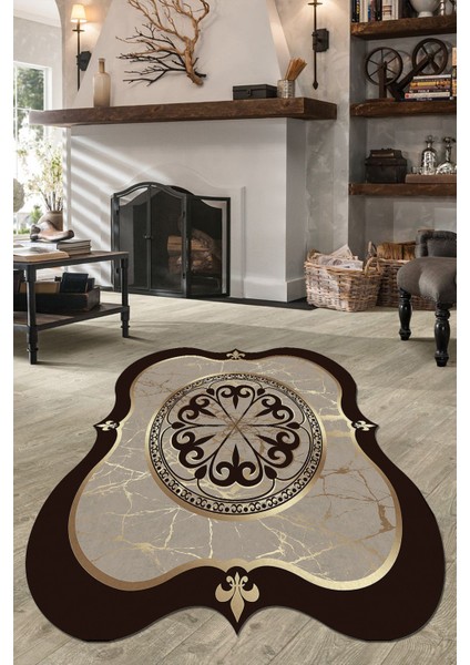 Woolly Gold Detaylı Göbek Motifli Lazer Kesim Halı (Makinada Yıkanabilir Kaymaz Dot Taban) - ES1158