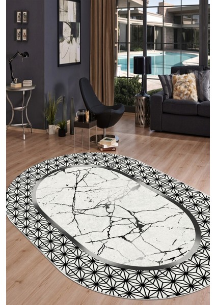 Woolly Gümüş Mermer Desenli Geometrik Oval Halı (Makinada Yıkanabilir Kaymaz Dot Taban) - ES1182