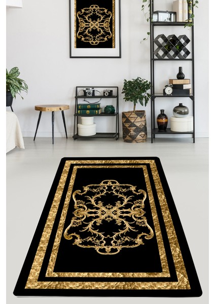 Woolly Gold Desenli Siyah Makinada Yıkanabilir Halı - ES433