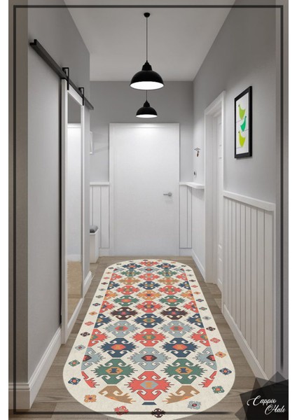 Woolly Geleneksel Kilim Desenli Krem Oval Halı (Kaymaz Dod Taban Makinada Yıkanabilir) - ES656