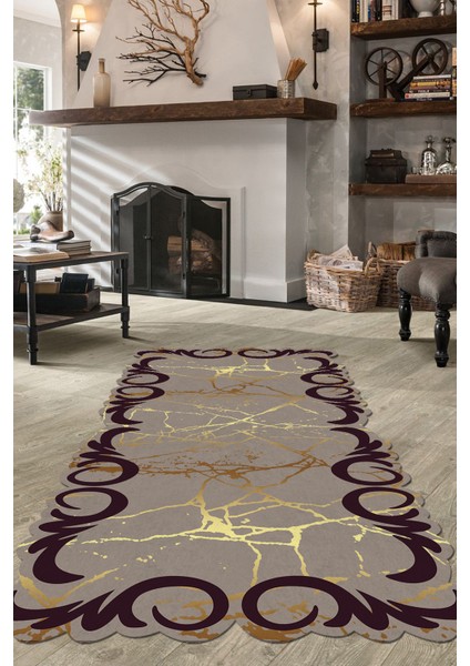 Woolly Gold Detaylı Lazer Kesim Halı (Makinada Yıkanabilir Kaymaz Dot Taban) - ES1157