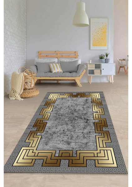 Woolly Gold Detaylı Gri Halı (Makinada Yıkanabilir Kaymaz Dot Taban) - ES1232