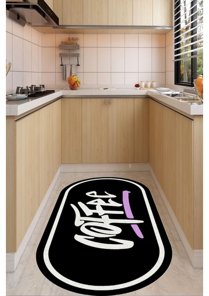 Woolly Coffee Yazılı Siyah Oval Mutfak Halısı (Makinada Yıkanabilir Kaymaz Dod Taban) - ES380