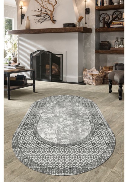 Woolly Etnik Desenli Gri Oval Halı (Makinada Yıkanabilir Kaymaz Dot Taban) - ES1146