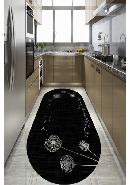 Woolly Happiness Kitchen Yazılı Oval Mutfak Halısı (Makinada Yıkanabilir Kaymaz Dod Taban) - ES388